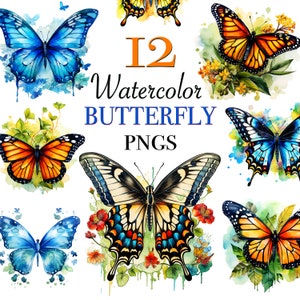 Watercolor Butterfly clipart PNG files for instant download, 12 Monarch butterfly sticker designs, Swallowtail butterfly PNG decal designs
