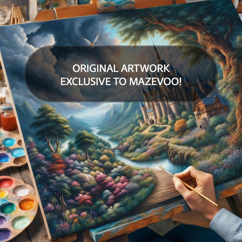 Pu&ograve; includere: Una mano di un artista dipinge una scena di paesaggio su una tela. L'opera raffigura un castello, un fiume e montagne. Il testo sulla tela recita "ORIGINAL ARTWORK EXCLUSIVE TO MAZEVOO!". Sono visibili una tavolozza di colori e barattoli.