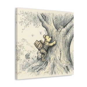 Winnie the pooh Hundred Acre Wood | Pooh Bear Climbing Tree | Canvas Print reproduction