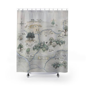 May include: A hand-drawn map of the Hundred Acre Wood from Winnie the Pooh, featuring locations like Pooh Bear's house, Rabbit's house, Eeyore's Gloomy Place, and the Sandy Pit where Roo plays. The map is drawn in a vintage style with watercolor and ink.