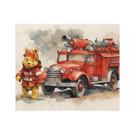 Firefighter Pooh Plush Blanket, Soft Polyester Nursery Mat, Durable Hemmed Edges, Bright Print for Kids and Pets, Original Artwork design