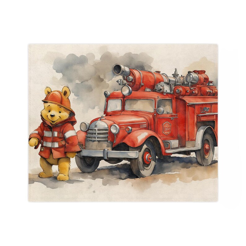 Coperta di peluche Pooh pompiere, morbido tappetino per la cameretta dei bambini in poliestere, bordi orlati resistenti, stampa brillante per bambini e animali domestici, design originale immagine 1