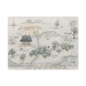 Mappa di legno di 100 acri Stampa tela Decorazione da parete / Cartello in legno di 100 acri / Sfondo Winnie the Pooh Baby Shower / Winnie the Pooh Legno dei cento acri