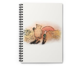 May include: A watercolour illustration of Winnie the Pooh and Piglet walking towards a sunset. The illustration is in shades of brown, yellow, and pink.