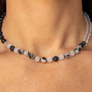 Clear Quartz Black Onyx Blck Tourmalinated Quartz Choker Gemstone Necklace Blue Knotted Silk Natural Crystal Beads Layering Jewelry Gift