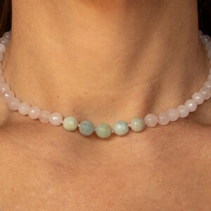 Aquamarine Rose Quartz Sunstone Choker Gemstone Necklace Light Pink Knotted Silk Natural Crystal Beads Layering Jewelry Gift