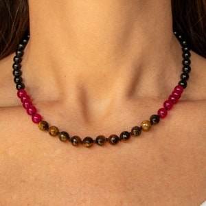 Tiger's Eye Onyx Fuchsia Jade Choker Gemstone Necklace Black Knotted Silk Natural Crystal Beads Layering Jewelry Gift