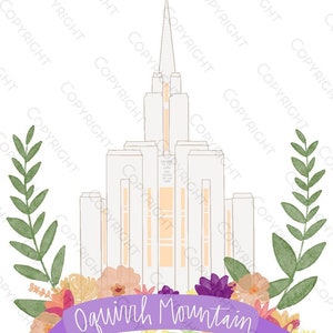 May include: A watercolour illustration of the Oquirrh Mountain Temple in Salt Lake City, Utah. The temple is surrounded by flowers and greenery. The text "Oquirrh Mountain" is written on a purple ribbon.