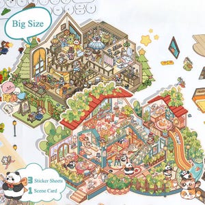 3D Isometric Large Sticker 2 Scenes - Make your own: Panda Villa|Girls House - DIY Miniature Room Decor