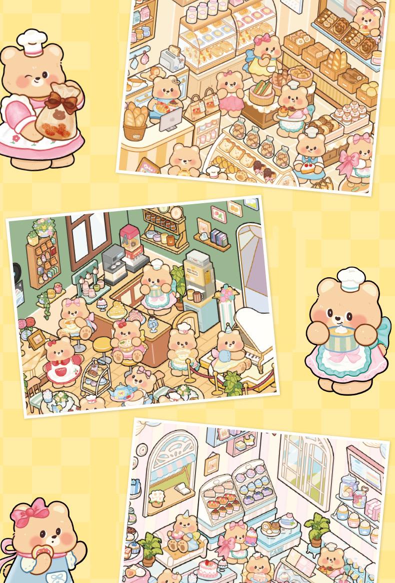 1Set DIY 3D Cartoon Bear Bakery Miniature Sticker Scene Visual Stacking Stickers Landscaping Stickers Gift For Kid Child Student