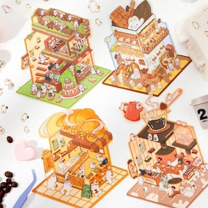 3D Isometric Sticker 4 Scenes - 4 Themes Sets: Bunny Coffee Shop|Chocolate House|Cake Shop|Bread Shop - DIY Miniature Room Decor