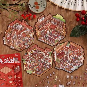 3D Isometric Sticker 4 Scenes - 4 Themes Sets: Happy New Year - DIY Miniature Room Decor