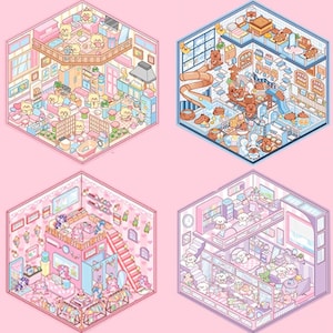 3D Isometric Sticker 4 Scenes - 4 Themes Sets: Hot Spring|Clothing Store|Warm Home - DIY Miniature Room Decor