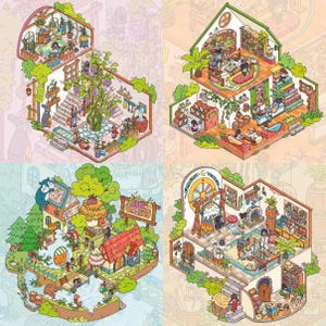 May include: Isometric illustration of four detailed scenes, each depicting a different setting. One shows a winery with a grape vine, another a shop with shelves, a third a village scene, and the last a workshop with a large wheel.