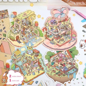 3D Isometric Sticker 4 Scenes - 4 Themes Sets: Mocha Park|Magic Polaroid|Sky Tree House|Ramophone of Music Waterproof - Customizable