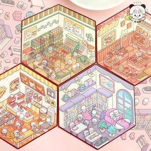 Sticker 3D isométrique 4 scènes - 4 ensembles thématiques : Lapin Desserts|Marché aux lapins|Librairie|Burger Shop - Décoration de chambre miniature DIY