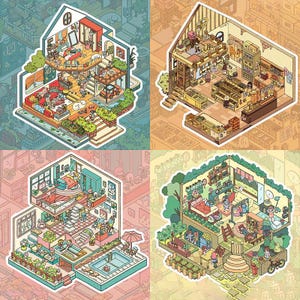 3D Isometric Sticker 4 Scenes - 4 Themes Sets: Girls Party|Villa Party|Grain Shop|Colorful House - DIY Miniature Room Decor