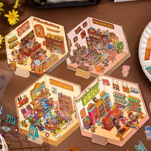 3D Isometric Sticker 4 Scenes - 4 Themes Sets: Pipao Collection Waterproof - Customizable. - DIY Miniature Room Decor