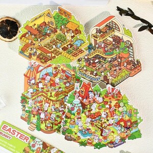 Sticker 3D isométrique 4 scènes - 4 thèmes : Pelouse de Pâques|Monde magique des lapins|Ferme des lapins|Fête de Pâques imperméable - Personnalisable