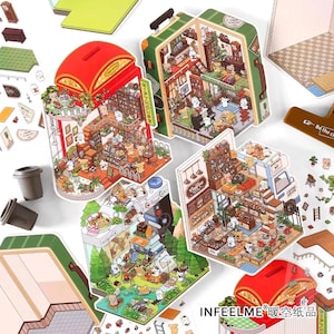 Pegatinas isométricas 3D de 4 escenas y 4 temáticas: Colección privada, cafetería, camping, tienda de regalos. Decoración de habitaciones en miniatura DIY.
