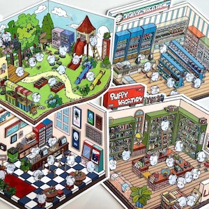 3D Isometric Sticker 4 Scenes - 4 Themes Sets: Library|Park|Cinema|Convenience Store - DIY Miniature Room Decor