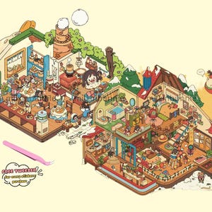 3D DIY Isometric Large Sticker Set 2 Scenes - Make your own: Breakfast Shop|New Year Party - DIY Miniature Room Decor