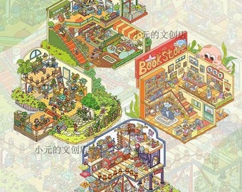 3D Isometric Kawaii Sticker Landscaping Scene Rooms. Reusable Waterproof PET Material.