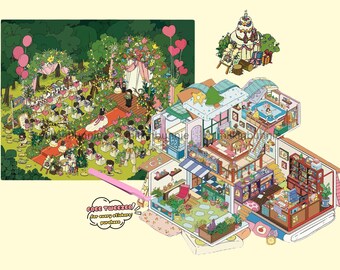 3D Isometric Large Sticker 2 Scenes - Make your own: Lawn Wedding|Pillow Cabin Waterproof - Customizable. - DIY Miniature Room Decor