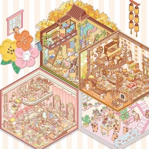 3D Isometric Sticker 4 Scenes - 4 Themes Sets: Boutique Dresser|Workshop|Autumn Bakery|Flower Shop - DIY Miniature Room Decor