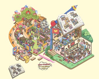 3D Isometric Large Sticker 2 Scenes - Make your own: Peach Academy|Teaching Building Waterproof - Customizable. - DIY Miniature Room Decor