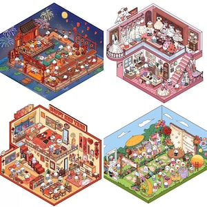 3D Isometric Sticker 4 Scenes - 4 Themes Sets: Wedding|HappyNewYear|Wedding Shop|Temple Fair - DIY Miniature Room Decor