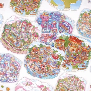 3D Isometric Sticker 4 Scenes - 4 Themes Sets: Deep Sea|Garden Court|Amusement Park|Mushroom House - DIY Miniature Room Decor