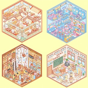 3D Isometric Sticker 4 Scenes - 4 Themes Sets: Bun Shop|Classroom|Arcade|Gym Room - DIY Miniature Room Decor