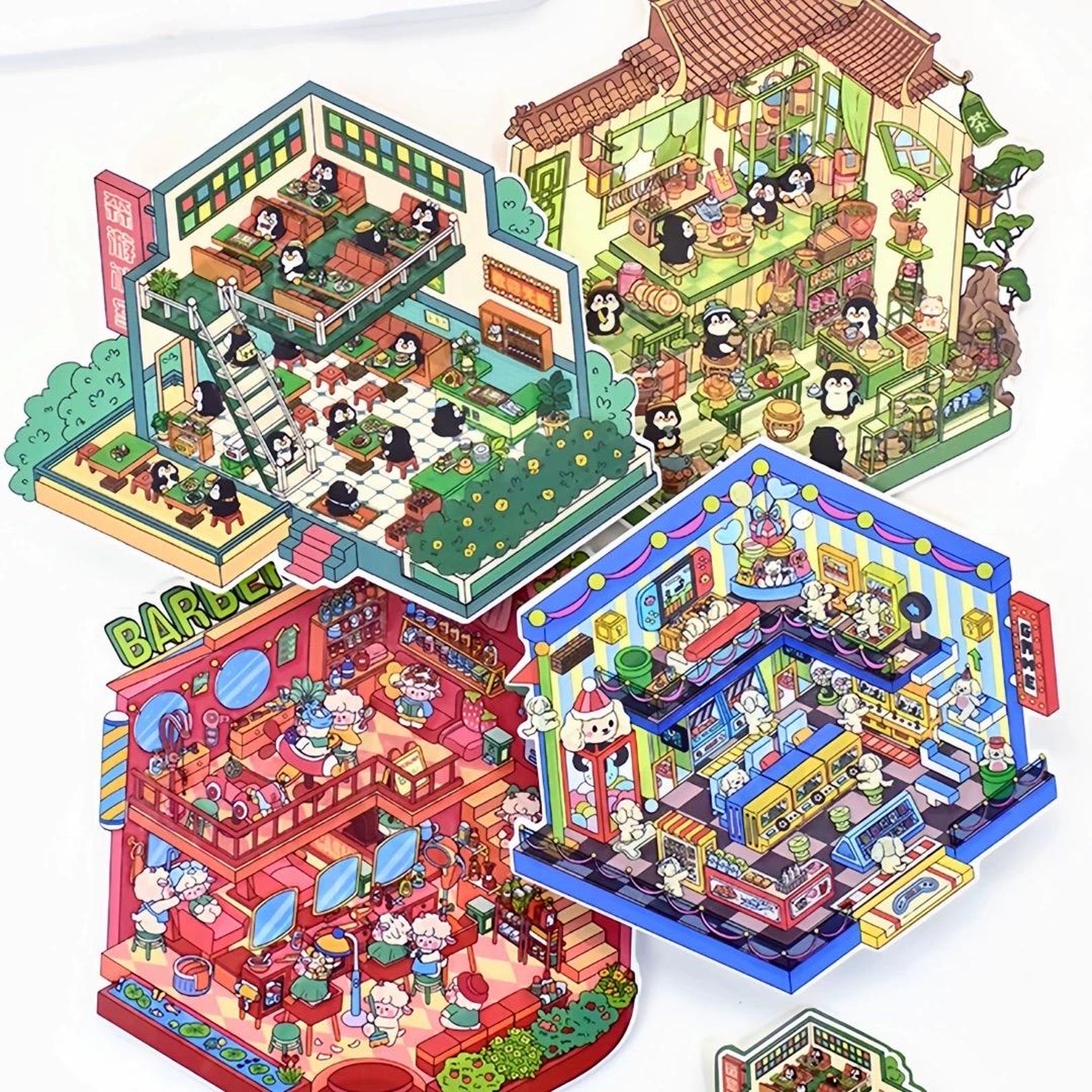 3D Isometric Sticker 4 Scenes - 4 Themes Sets: Penguins Restaurant ...