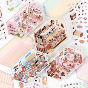 4 3D Isometric Kawaii Scene Rooms Reusable Waterproof PET Materials. - DIY Miniature Room Decor