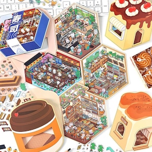 3D Isometric Sticker 4 Scenes - 4 Themes Sets: Dessert House|Sushi Restaurant|Happy Bakery|Cafe Shop - DIY Miniature Room Decor