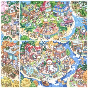 May include: A colorful illustration featuring a variety of cute animal characters in different settings. The illustration includes a playground, a park, a house, and a river. The characters are all wearing different clothes and accessories. The illustration is perfect for a children's book or a nursery decoration.