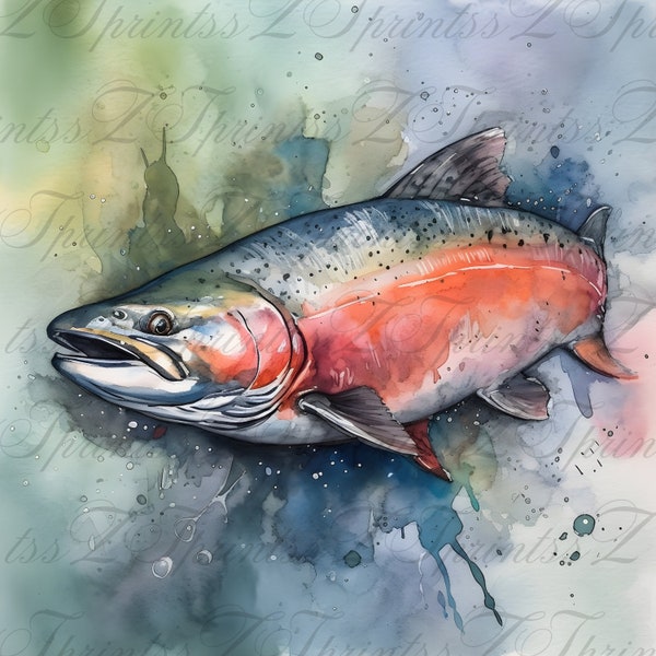 Zalm digitale print 3 bestandstypen aquarel kunst muur decor galerij kunst galerij muur kunst digitale print jpg png pdf Man Cave decor