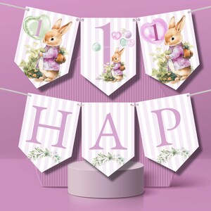 EDITABLE Rabbit 1st Birthday Bunting Rabbit Theme Birthday Banner Pink Girl Birthday Instant Download Editable Banner PRC