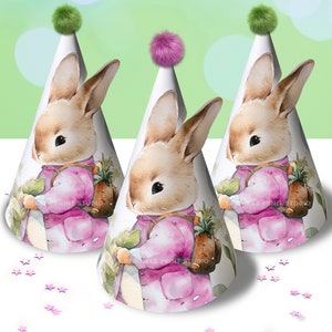 PRINTABLE Bunny Birthday Party Hats Rabbit Theme Rabbit 1st Birthday Pink Girl Birthday Party Decor Instant Download PRC