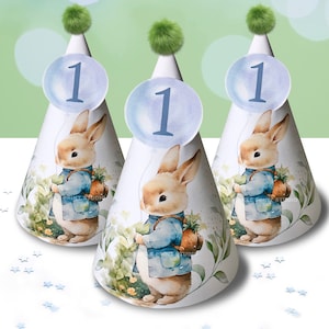 RABBIT Birthday Party Hats Rabbit Theme Peter Rabbit 1st Birthday Blue Boy Birthday Party Decor Instant Download Printable PRC