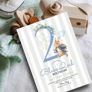 Editable Rabbit 2nd Birthday Invitation Boy Blue Bunny Rabbit Party Invite Printable Template Instant Download Templett PRC