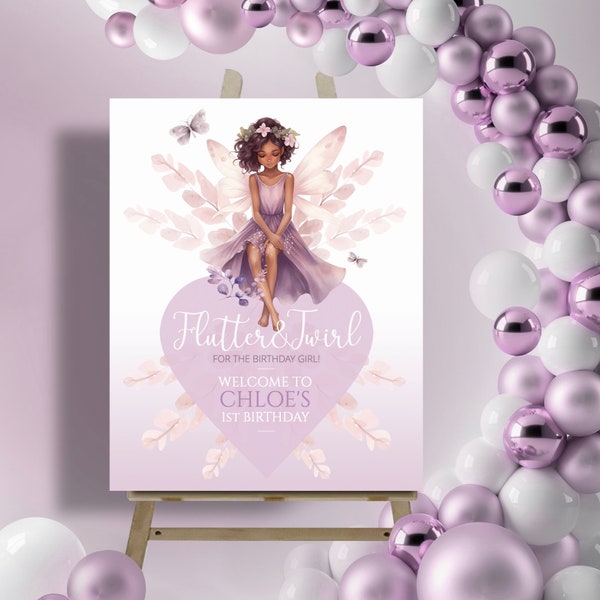 EDITABLE Fairy First Birthday Welcome Sign, Purple, Fairy Enchanted GardenTheme, Fairy Party Decorations, Instant Download 24x36 Template