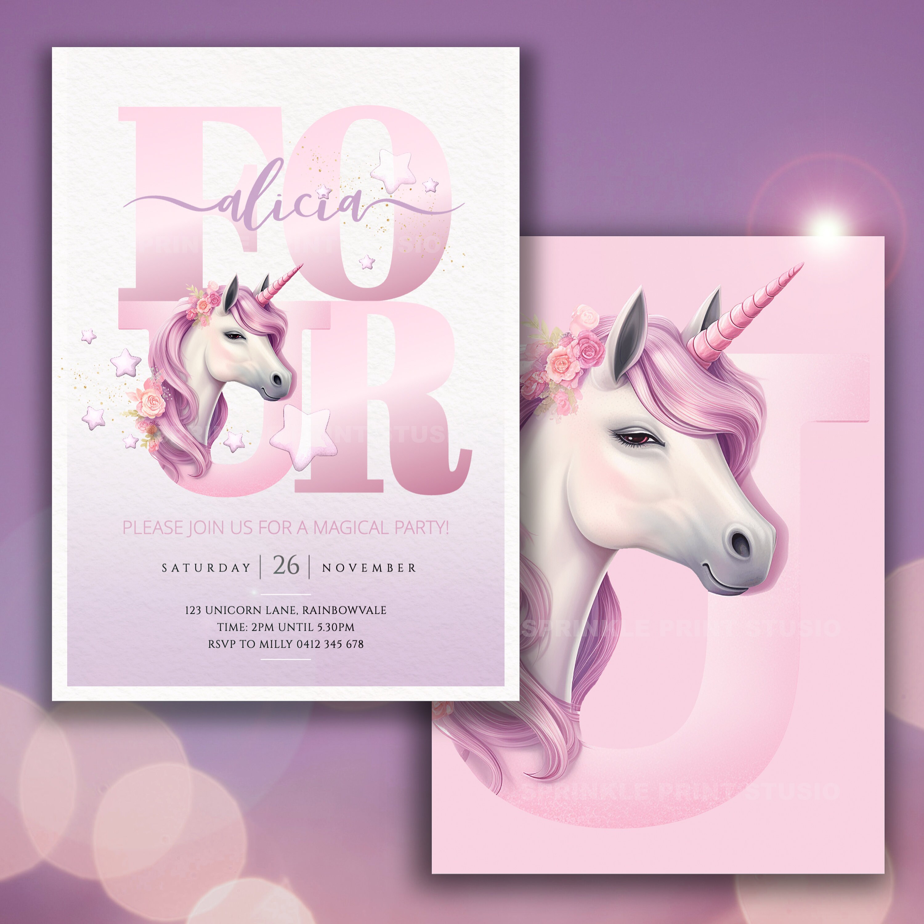 EDITABLE Unicorn Birthday Invitation Four Magical Party Girl - Etsy