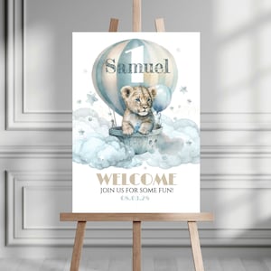 Editable Lion Birthday Sign Wild One 1st Birthday Poster Lion Balloon Welcome Sign Boy Birthday Invite Template INSTANT DOWNLOAD LIO
