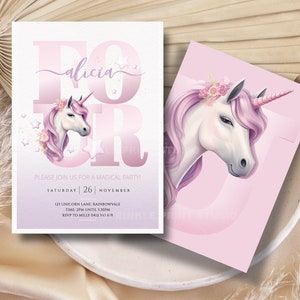 EDITABLE Unicorn Birthday Invitation Four Magical Party Girl Pink Purple Invite Magical Fairytale Whimsical Theme Instant Download