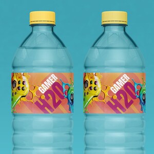 Étiquette de bouteille d&#39;eau de jeu vidéo MODIFIABLE, fête de jeu, emballage de boisson, joueur, combiné de jeu, téléchargement numérique immédiat