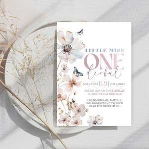 Little Miss ONEderful 1st Birthday Invitation, Wildflower Birthday Invite, Floral Birthday Invitation, Blush Pink, Butterflies, Boho WF