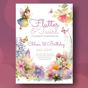 EDITABLE Fairy 1st Birthday Invitation, Enchanted Fairy Garden, Magical Fairy First Birthday, Flutter & Twirl Bday Invite, Instant Download