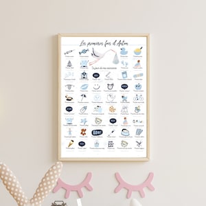 Póster personalizado de primera vez para niño - color azul - para escribir o sellar fechas - impreso en formato A3